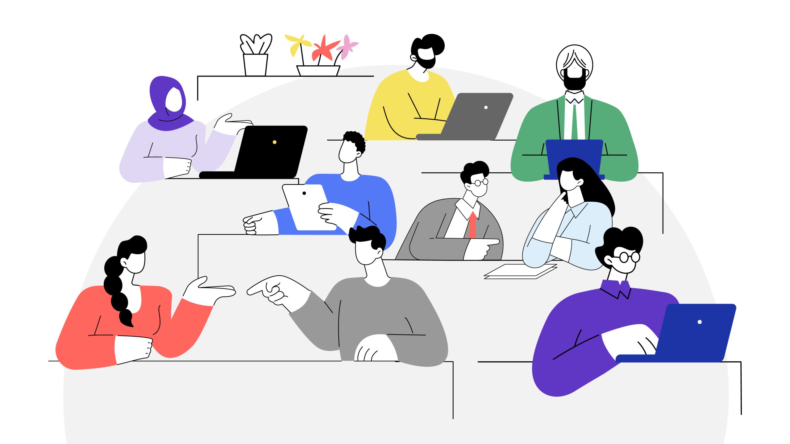 Illustration with a diverse group of people sitting in front of laptops, conversing.